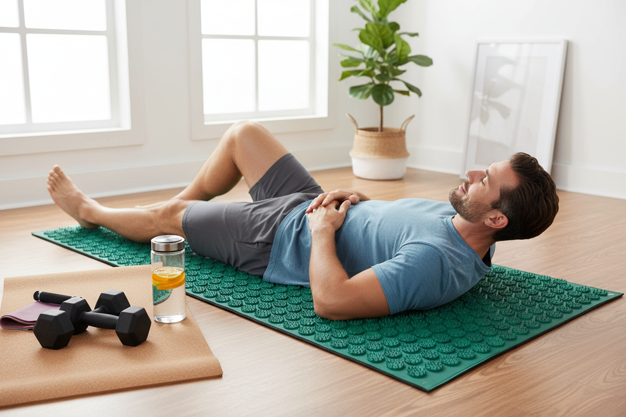 Athletic man using acupressure mat after workout