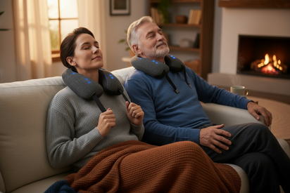 Person relaxing at home with neck massager