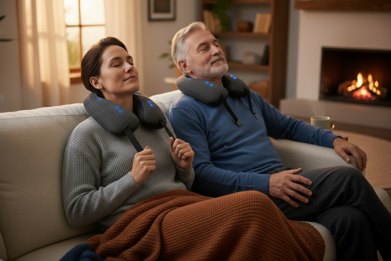 Person relaxing at home with neck massager