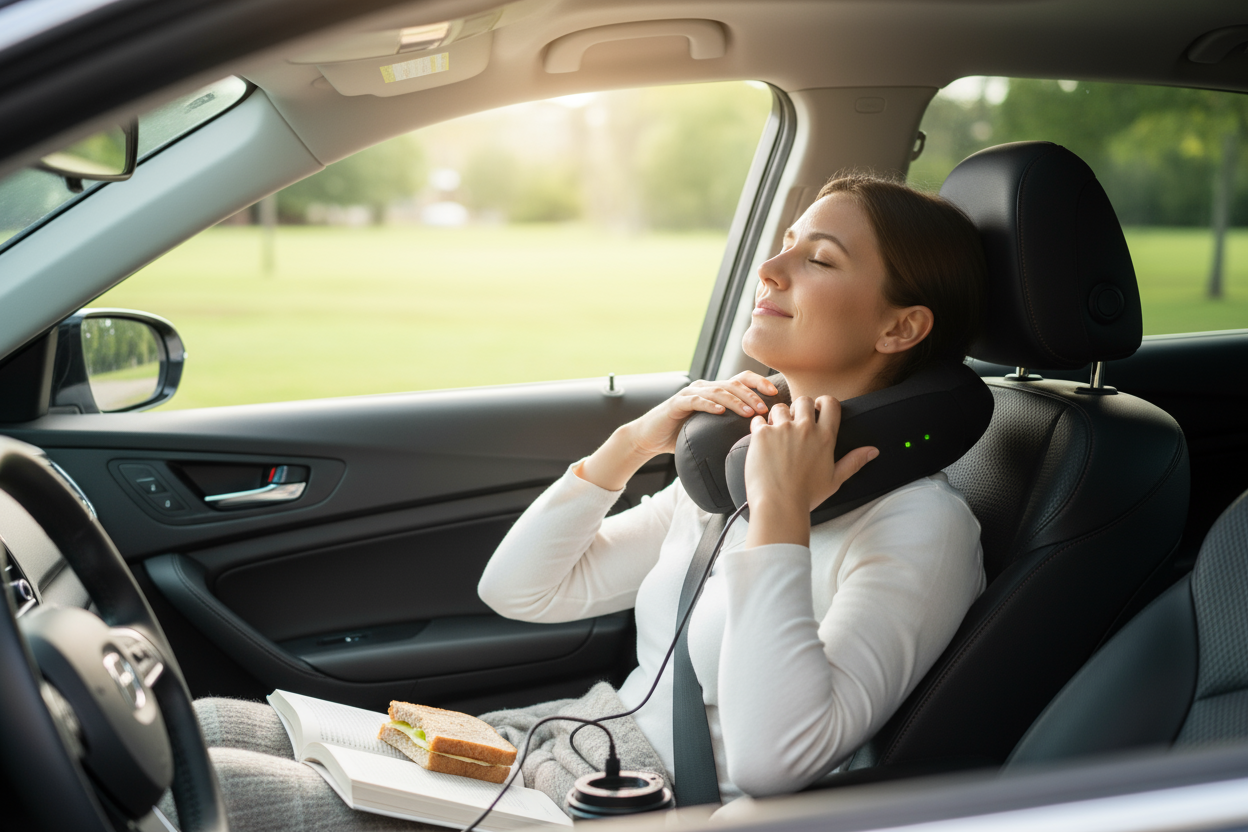 Person relaxing in car with massager