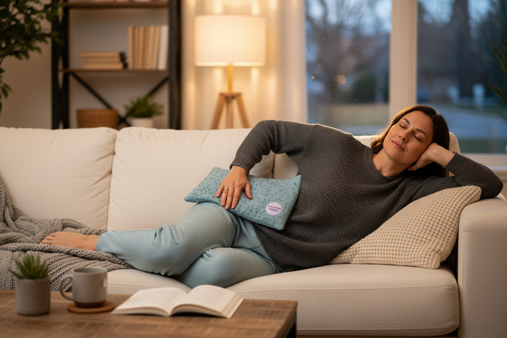 Person relaxing with heating pad on lower back