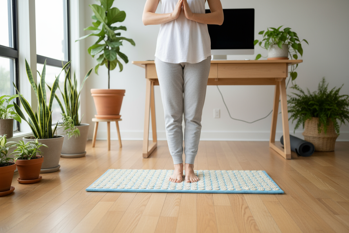 Person standing on acupressure mat for foot therapy