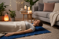Person using acupressure mat and pillow set for relaxation