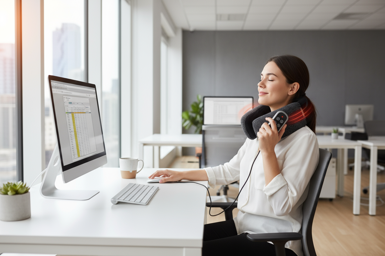 Person using massager at office desk