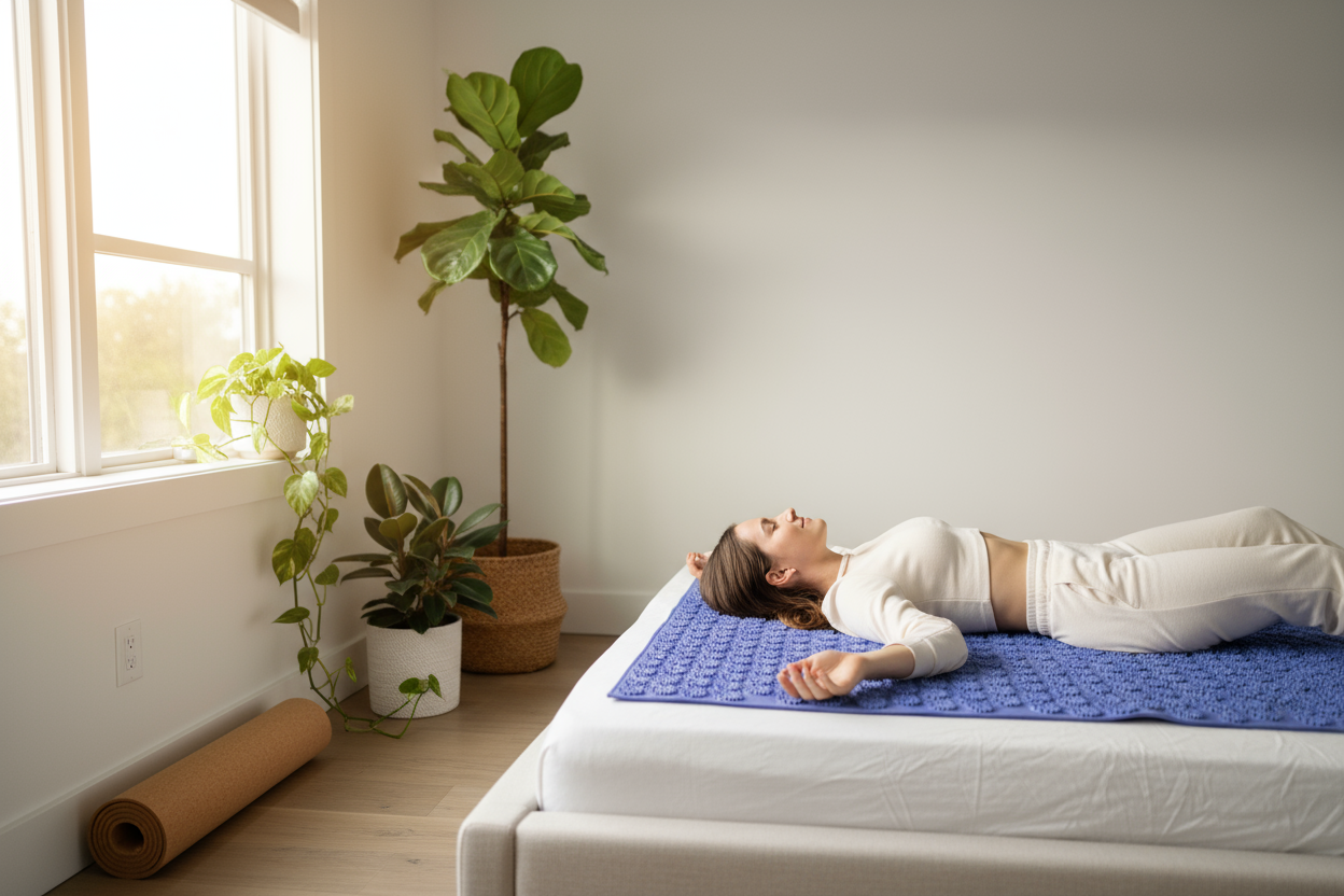 Woman relaxing on acupressure mat