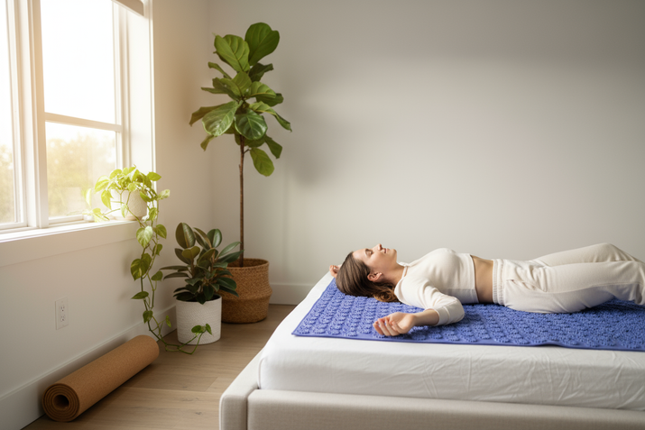 Woman relaxing on acupressure mat